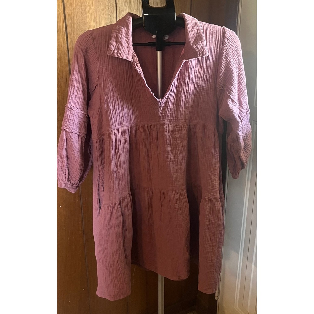 &merci Dusty Rose Cotton Gauze Tiered Mini Dress MDR8963 Mauve 3/4 Sleeve Medium